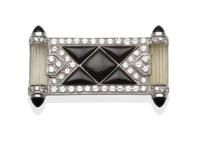 Lot 282 - ~ An Art Deco Style Diamond, Onyx and Rock Crystal Brooch, the geometric design with onyx...