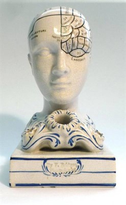 Lot 1078 - A 19th Century Pottery Phrenology Head Inkwell by F.Bridge, Phrenologist, with blue decoration...