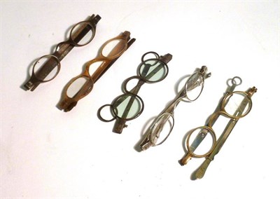 Lot 1081 - Five Pairs of Early Spectacles, comprising two pairs with horn rims, an 18th century steel...