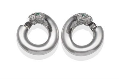 Lot 288 - A Pair of 18 Carat White Gold Panthere Earrings, by Cartier, white polished hoops with a...