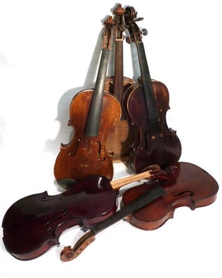 Lot 1170 - Five Violins, mainly 19th century German, all in need of attention