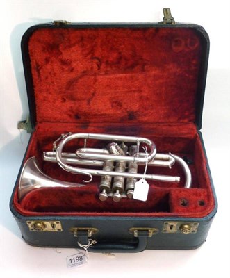 Lot 1198 - A Silver Plated Cornet by Besson, London, serial number 583676, with mother of pearl inset keys, in