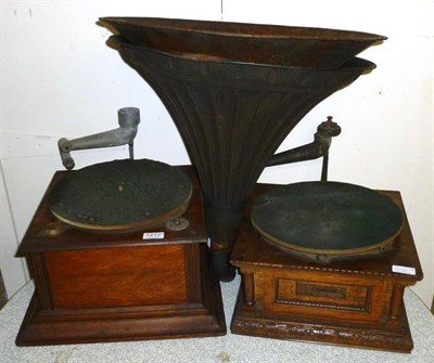 Lot 1212 - Two Oak Cased Table Top Horn Gramophone Bodies, one by The Gramophone & Typewriter Co., the...