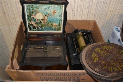 Lot 1213 - Three Mechanical Musical Players, comprising a small walnut cased 'Polyphon' musical disc...