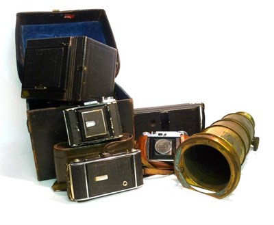 Lot 1229 - Cameras and Accessories, including Butcher Popular Pressman camera outfit in stitched leather case