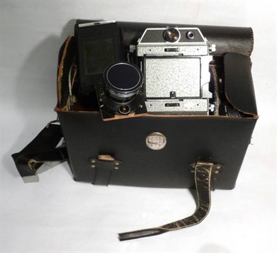 Lot 1247 - A Horseman 970 Press Camera Outfit, with grey leather covered alloy body, plate and rollfilm backs