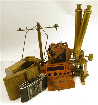 Lot 1008 - Mixed Instruments, comprising a 19th century lacquered brass binocular compound microscope, a...