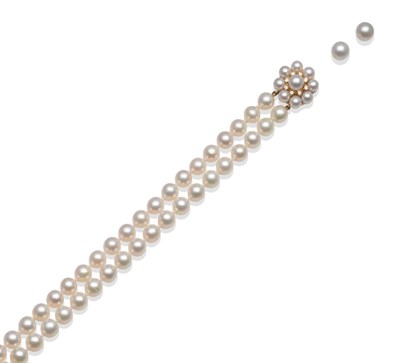 Lot 316 - A Cultured Pearl Necklace and Earring Set, two rows of 45:48 cultured pearls knotted to an 18 carat