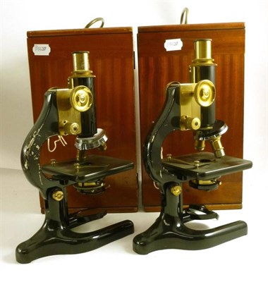 Lot 1037 - Two Black Enamelled Monocular Compound Microscopes by W.R. Prior & Co., London, serial numbers 6130