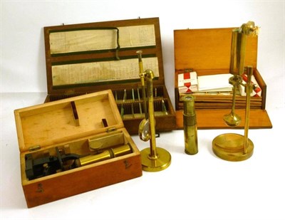 Lot 1042 - Microscope Accessories, including a gimbal mounted brass burner, a brass magnifier, a pocket...