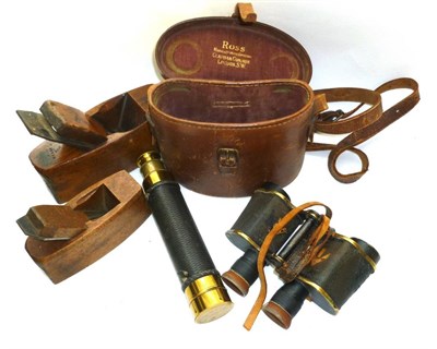 Lot 1049 - A 1 1/2in Brass 3-Draw Telescope, with rope twist sleeve, brass lens cap; A Pair of Ross...