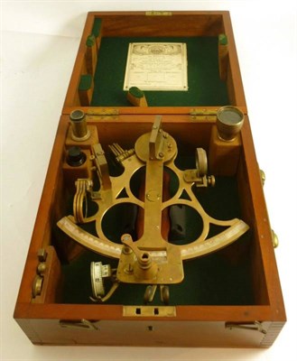 Lot 1058 - A Brass Triple Ring 'Husun' Sextant by H. Hughes & Son, London, with silvered dial, filters and...