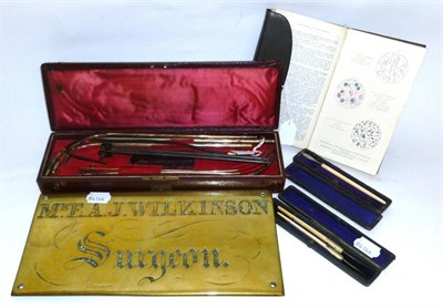 Lot 1065 - Medical Equipment from Surgeon Mr E.A.J. Wilkinson, comprising a brass name plaque, a cased...