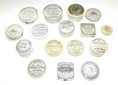 Lot 1069 - Sixteen Black and White Printed Advertising Pot Lids, mainly tooth paste, including Cherry...