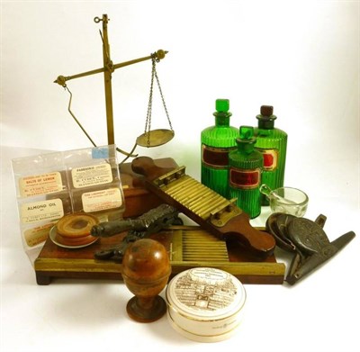 Lot 1071 - A Collection of Vintage Chemist's Equipment, including three green glass chemists rounds, cased...