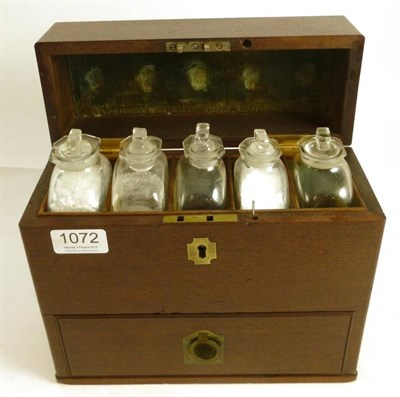 Lot 1072 - A 19th Century Mahogany Apothecary's Box, containing five compartmentalised freeblown glass bottles