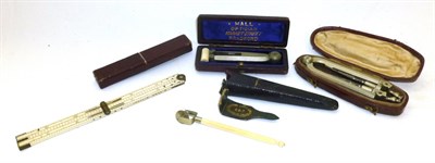 Lot 1088 - A Four Cased Drawing Instruments - folding 12in ivory rule by John Mitchel, ivory and nickel...