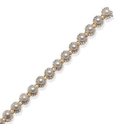 Lot 333 - A Cultured Pearl and Diamond Bracelet, the cultured pearls within borders of round brilliant...