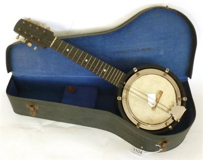 Lot 1104 - A Small Eight String Banjo, with 14cm vellum head, ebonised resonator, geared machine head, ivorine