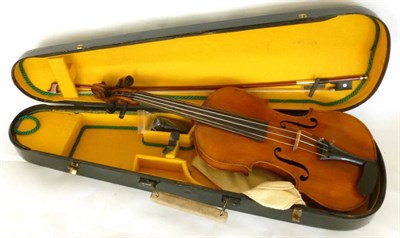 Lot 1109 - A 19th Century German Violin, no label, with a 354mm two piece back, ebony tuning pegs, with a bow