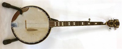 Lot 1121 - A Five String Banjo, with 11in head, mahogany resonator, sides and neck, mother of pearl inlaid...