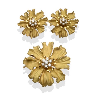 Lot 339 - A Diamond Floral Brooch and A Pair of Matching Earrings, by Tiffany and Co., with matt finish...