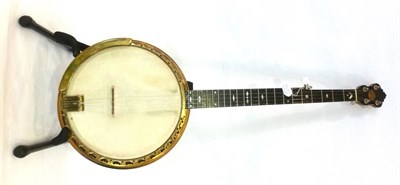 Lot 1147 - A John Grey & Sons Five String Banjo 'The Minster', with Islamic style decoration to brass...