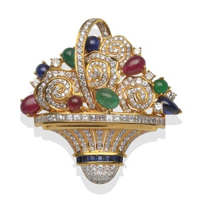 Lot 344 - ~ A Multi-Gemstone Basket Brooch/Pendant, set with cabochon rubies, sapphires and emeralds, and...
