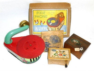 Lot 1203 - A Boxed Gama Tinplate Toy Pixie Phone Gramophone, with comic lithography to the side panels,...