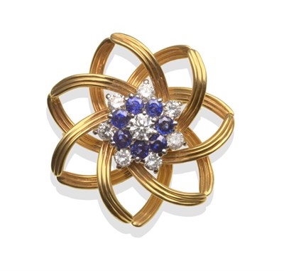 Lot 350 - An 18 Carat Gold Sapphire and Diamond Brooch, by Tiffany and Co., a round brilliant cut diamond...