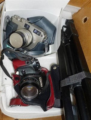 Lot 1248 - Contax Cameras and Lenses, comprising a Contax 159MM camera with Zeiss Planar f1.7/50mm lens,...