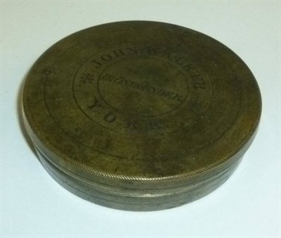 Lot 1012 - A Brass Pocket Compass, the cover inscribed 'John Walker, Ironfounder, York' with paper dial...