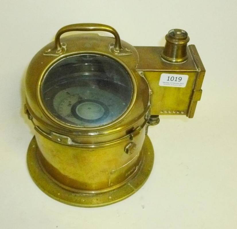 Lot 1019 - A Ship's Brass Binnacle Compass, No.21642E, Pat.0183, with gimballed compass, the lift-off hood...