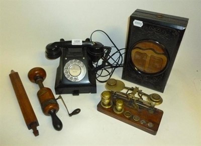 Lot 1020 - Mixed Instruments, comprising a black bakelite Model 332L telephone, brass postal scales with...