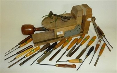 Lot 1059 - Twenty Wooden Handled Carving Tools, mainly Henry Taylor, together with a wooden mallet,...