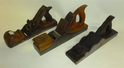 Lot 1065 - Three Steel Panel Planes, no makers names, with beech and walnut infill, one with pierced brass...