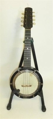 Lot 1067 - A Small Eight String Banjo, with ebonised resonator, 14.5cm head, geared machine head, ivorine...