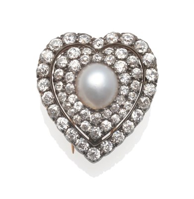 Lot 365 - A Victorian Pearl and Diamond Clip Brooch, in heart form, a split pearl centrally within three...