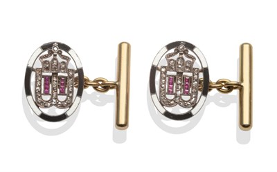 Lot 370 - ~ A Pair of Cufflinks, set with rose cut diamonds and rubies, with a crown and gate motif within an