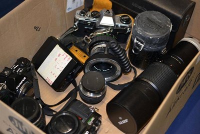 Lot 1210 - Olympus Cameras and Mixed Lenses, comprising OM-10, OM-2 and 0M-40 cameras, Soligor 400mm zoom...