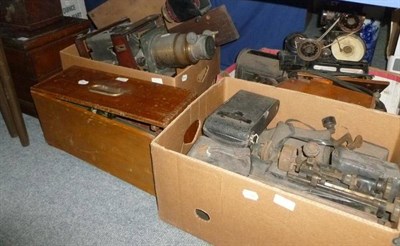 Lot 1219 - Mixed Instruments, including two distressed magic lanterns, projector, cameras, small lathe,...