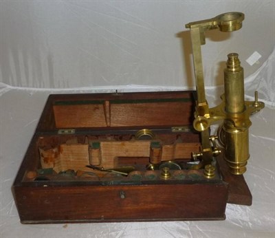 Lot 1029 - A 19th Century Lacquered Brass Monocular Compound Microscope, with hinged brass box mount,...