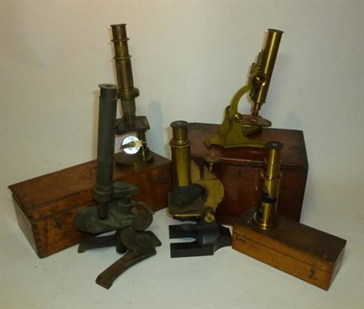 Lot 1031 - Five Simple Brass Monocular Compound Microscopes, including a  Zeiss Jena No.1374, with draw...