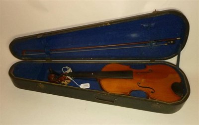 Lot 1089 - A Late 19th Century French Violin, no label, with 359mm two piece back, together with a bow, in...