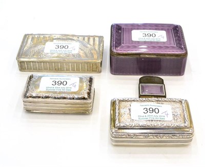 Lot 390 - Four Silver Boxes Comprising: a Continental silver and purple and guilloche enamel box, marked...