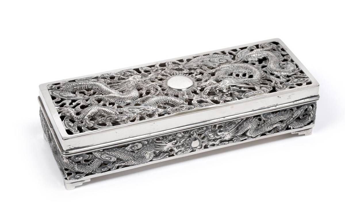 Lot 395 - A Chinese Export Silver Box, Wang Hing, circa 1900, rectangular, the sides and hinged cover pierced