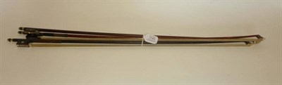 Lot 1143 - Three Nickel Mounted Violin Bows, all with ebony frogs, one stamped 'Vuillaume Paris', another...