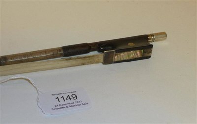 Lot 1149 - A 19th Century German Silver Mounted Violin Bow, no makers name, the ebony frog with pearl...