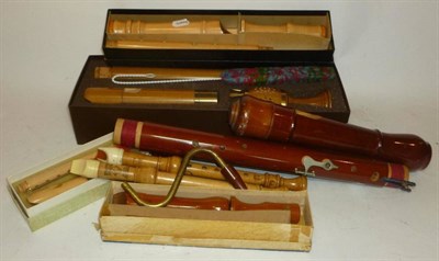 Lot 1155 - Five Wooden Recorders, including a boxed Moech baroque recorder, boxed Schotts 'Prelude' tenor...