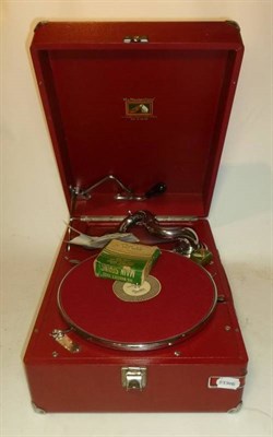 Lot 1170 - An HMV Red Leather Cased Portable Gramophone, with chrome fittings, swivelling bakelite needle...